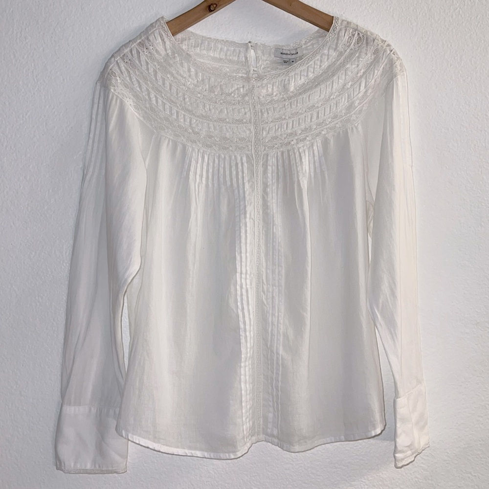 New Rebecca Taylor White Long Sleeve Cotton Blouse W/ Lace Top Size M